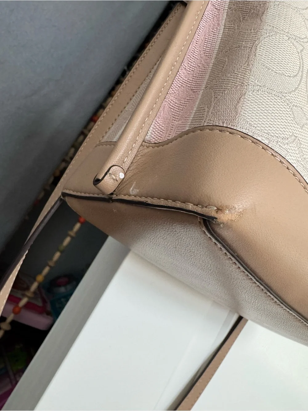 COACH Heritage Signature Horse Stripe Tote Pink & Beige